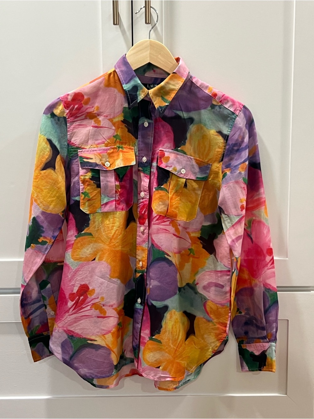 Lauren Ralph Lauren Cotton Silk Watercolor Floral Button Down Blouse - EUC